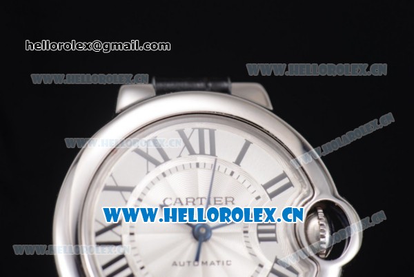 Cartier Ballon Bleu Medium Asia Automatic Steel Case with Silver Dial Black Leather Strap and Roman Numeral Markers (YF) - Click Image to Close
