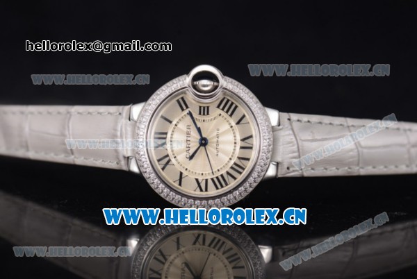 Cartier Ballon Bleu Medium Asia Automatic Steel Case with Silver Dial Grey Leather Strap and Diamonds Bezel (YF) - Click Image to Close