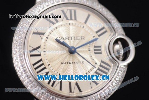 Cartier Ballon Bleu Medium Asia Automatic Steel Case with Silver Dial Grey Leather Strap and Diamonds Bezel (YF) - Click Image to Close