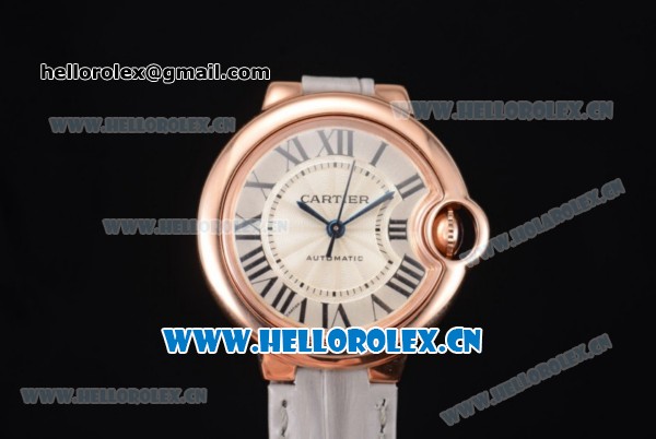 Cartier Ballon Bleu Medium Asia Automatic Rose Gold Case with Silver Dial Grey Leather Strap and Roman Numeral Markers (YF) - Click Image to Close
