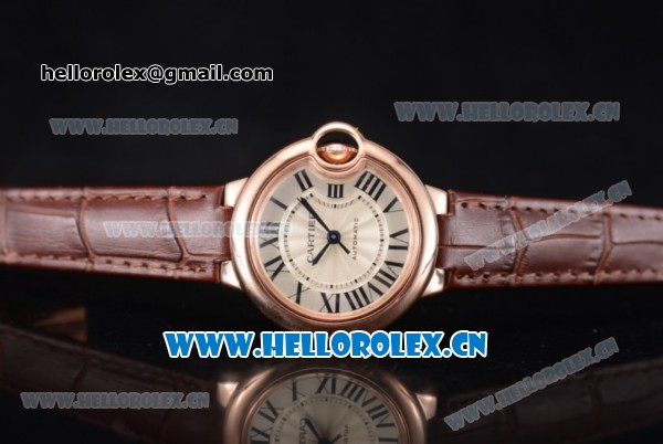 Cartier Ballon Bleu Medium Asia Automatic Rose Gold Case with Beige Dial Brown Leather Strap and Roman Numeral Markers (YF) - Click Image to Close