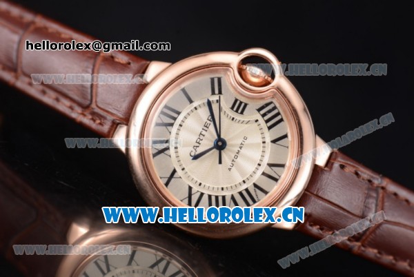 Cartier Ballon Bleu Medium Asia Automatic Rose Gold Case with Beige Dial Brown Leather Strap and Roman Numeral Markers (YF) - Click Image to Close