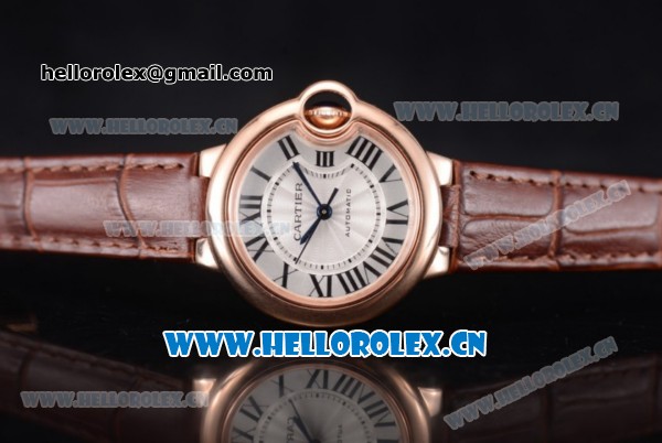 Cartier Ballon Bleu Medium Asia Automatic Rose Gold Case with Silver Dial Roman Numeral Markers and Brown Leather Strap (YF) - Click Image to Close