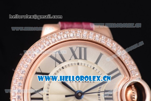 Cartier Ballon Bleu Medium Asia Automatic Rose Gold Case with Silver Dial Purple Leather Strap and Diamonds Bezel (YF) - Click Image to Close
