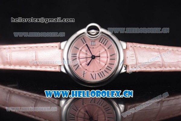 Cartier Ballon Bleu Medium Asia Automatic Steel Case with Pink Dial Roman Numeral Markers and Pink Leather Strap (YF) - Click Image to Close