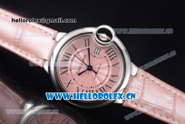 Cartier Ballon Bleu Medium Asia Automatic Steel Case with Pink Dial Roman Numeral Markers and Pink Leather Strap (YF) - Click Image to Close