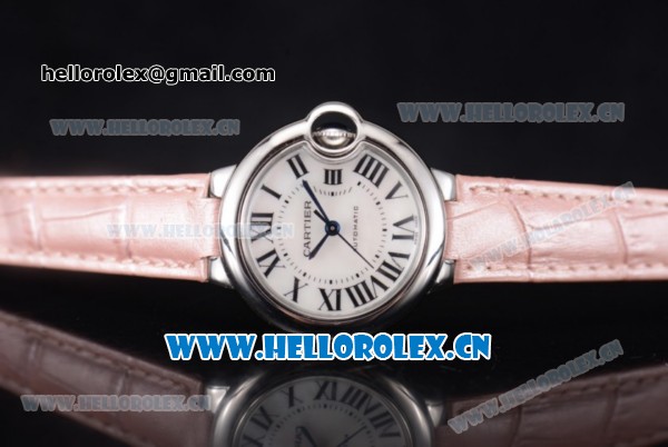 Cartier Ballon Bleu Medium Asia Automatic Steel Case with White Dial Roman Numeral Markers and Pink Leather Strap (YF) - Click Image to Close