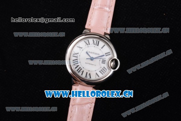 Cartier Ballon Bleu Medium Asia Automatic Steel Case with White Dial Roman Numeral Markers and Pink Leather Strap (YF) - Click Image to Close