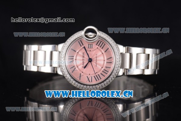 Cartier Ballon Bleu Medium Asia Automatic Stainless Steel Case/Bracelet with Pink Dial and Roman Numeral Markers Diamonds Bezel(YF) - Click Image to Close