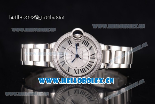 Cartier Ballon Bleu Medium Asia Automatic Stainless Steel Case/Bracelet with Silver Dial and Roman Numeral Markers Diamonds Bezel(YF) - Click Image to Close