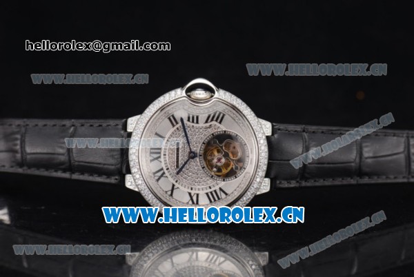 Cartier Ballon Bleu Tourbillon Swiss Tourbillon Manual Winding Steel/Diamonds Case with Diamonds Dial and Black Leather Strap Roman Numeral Markers - Click Image to Close