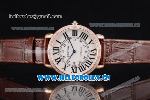 Cartier Rotonde De Tourbillon Asia 6497 Manual Winding Yellow Gold Case with White Dial and Diamonds Bezel Brown Leather Strap - Click Image to Close