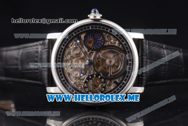 Cartier Ronde De MoonPhase Swiss Tourbillon Manual Winding Steel Case with Skeleton Dial and Black Leather Strap - Click Image to Close