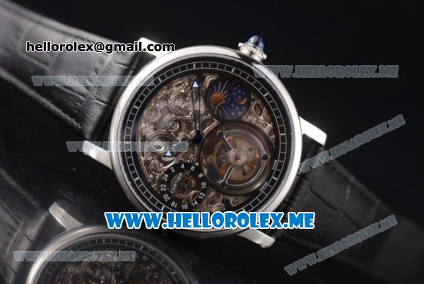 Cartier Ronde De MoonPhase Swiss Tourbillon Manual Winding Steel Case with Skeleton Dial and Black Leather Strap - Click Image to Close
