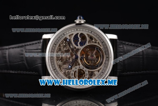 Cartier Ronde De MoonPhase Swiss Tourbillon Manual Winding Steel Case with Skeleton Dial and Black Leather Strap White Inner Bezel - Click Image to Close