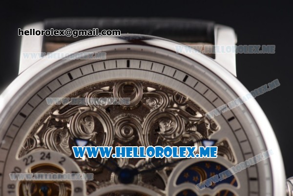 Cartier Ronde De MoonPhase Swiss Tourbillon Manual Winding Steel Case with Skeleton Dial and Black Leather Strap White Inner Bezel - Click Image to Close