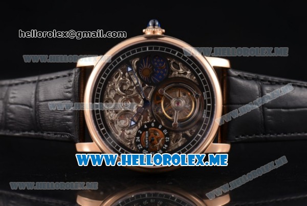 Cartier Ronde De MoonPhase Swiss Tourbillon Manual Winding Rose Gold Case with Skeleton Dial and Black Leather Strap - Click Image to Close