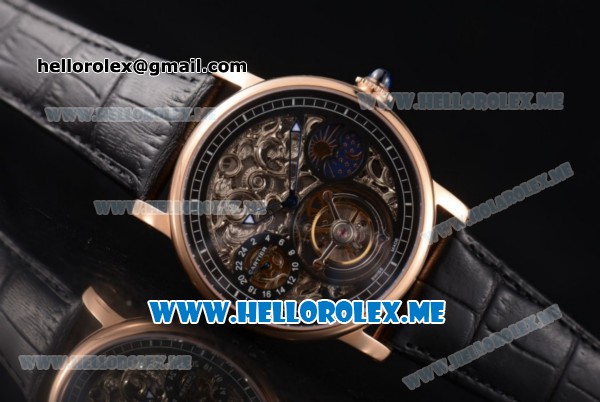 Cartier Ronde De MoonPhase Swiss Tourbillon Manual Winding Rose Gold Case with Skeleton Dial and Black Leather Strap - Click Image to Close