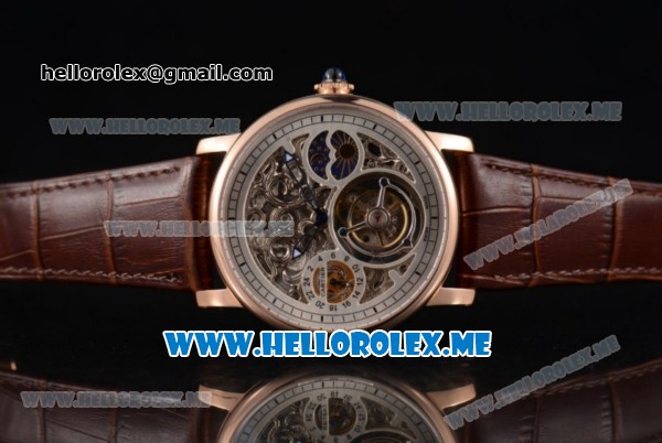 Cartier Ronde De MoonPhase Swiss Tourbillon Manual Winding Rose Gold Case with Skeleton Dial and Brown Leather Strap - Click Image to Close