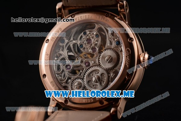 Cartier Ronde De MoonPhase Swiss Tourbillon Manual Winding Rose Gold Case with Skeleton Dial and Brown Leather Strap - Click Image to Close