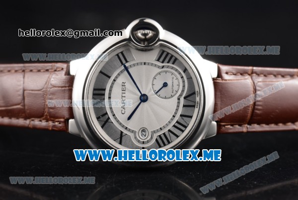 Cartier Ballon Bleu De Large Asia 2813 Automatic Steel Case with Silver Dial and Brown Leather Strap Roman Numeral Markers - Click Image to Close