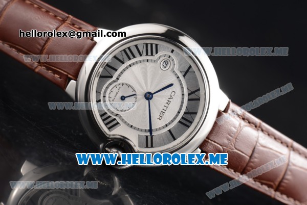 Cartier Ballon Bleu De Large Asia 2813 Automatic Steel Case with Silver Dial and Brown Leather Strap Roman Numeral Markers - Click Image to Close