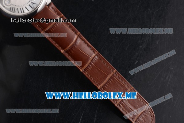 Cartier Ballon Bleu De Large Asia 2813 Automatic Steel Case with Silver Dial and Brown Leather Strap Roman Numeral Markers - Click Image to Close