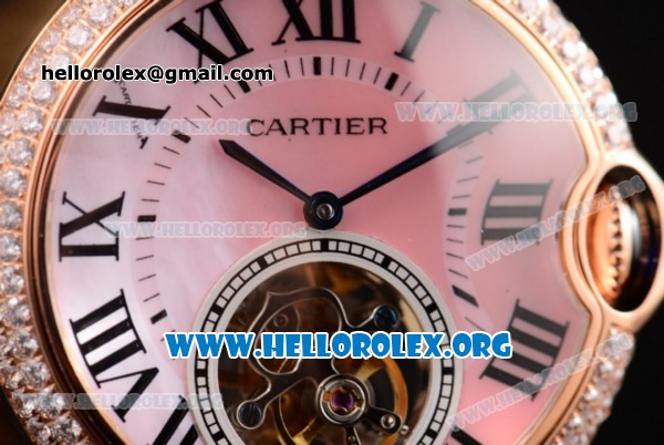 Cartier Ballon Bleu De Tourbillon Swiss Tourbillon Manual Winding Rose Gold Case with Pink Dial Purple Leather Strap and Roman Numeral Markers - Click Image to Close