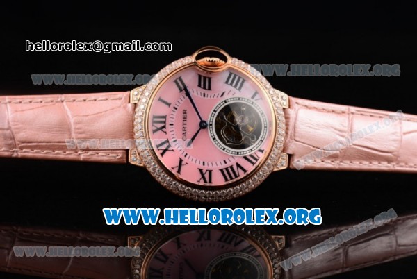 Cartier Ballon Bleu De Tourbillon Swiss Tourbillon Manual Winding Rose Gold Case with Pink Dial Pink Leather Strap and Roman Numeral Markers - Click Image to Close