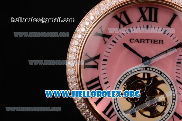 Cartier Ballon Bleu De Tourbillon Swiss Tourbillon Manual Winding Rose Gold Case with Pink Dial Pink Leather Strap and Roman Numeral Markers - Click Image to Close