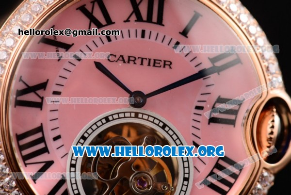 Cartier Ballon Bleu De Tourbillon Swiss Tourbillon Manual Winding Rose Gold Case with Pink Dial Pink Leather Strap and Roman Numeral Markers - Click Image to Close