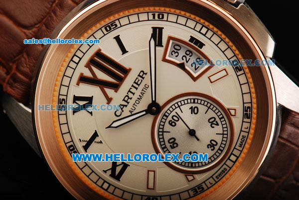Cartier Calibre Automatic Movement Steel Case with Rose Gold Bezel and Brown Leather Strap - Click Image to Close