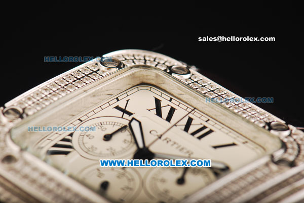 Cartier Santos 100 Chronograph Quartz Movement Diamond Case and Bezel with Black Roman Numerals and Brown Leather Strap - Click Image to Close