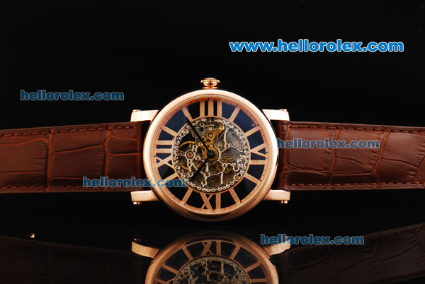 Cartier Rotonde De Cartier Skeleton Automatic Movement Rose Gold Case with Rose Gold Markers and Brown Leather Strap - Click Image to Close