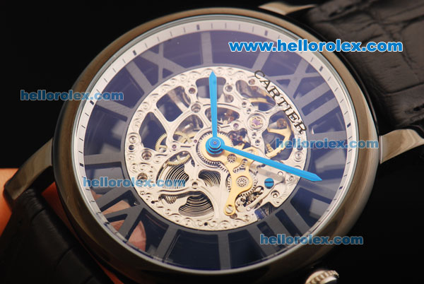 Cartier Rotonde De Cartier Skeleton Automatic Movement PVD Case with Black Markers and Black Leather Strap - Click Image to Close
