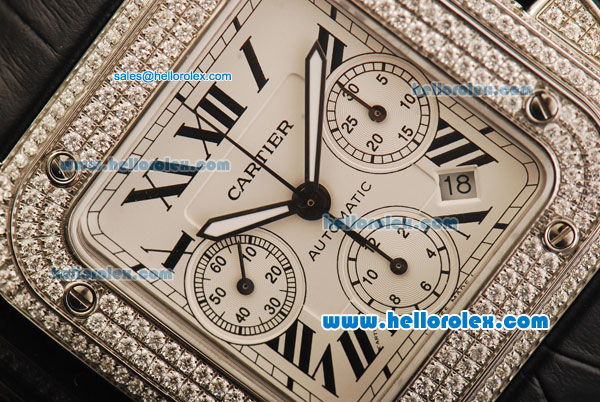 Cartier Santos 100 Chronograph Swiss Valjoux 7750 Automatic Movement Diamond Case and Bezel with Whtie Dial and Black Leather Strap - Click Image to Close