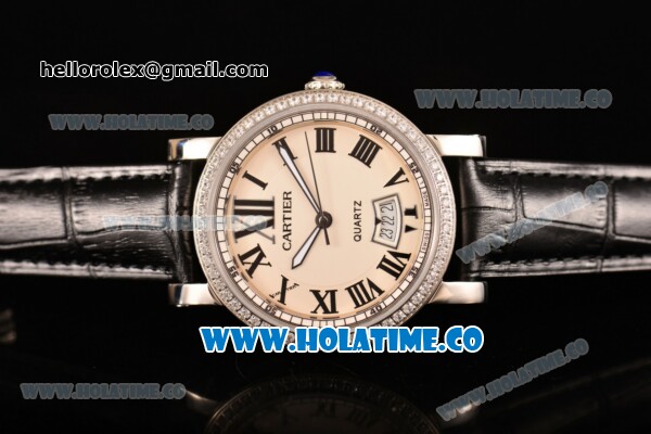 Cartier Rotonde De Miyota Quartz Steel Case with White Dial Diamonds Bezel and Roman Numeral Markers - Click Image to Close