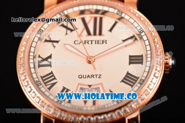 Cartier Rotonde De Miyota Quartz Rose Gold Case with White Dial Diamonds Bezel and Roman Numeral Markers - Click Image to Close