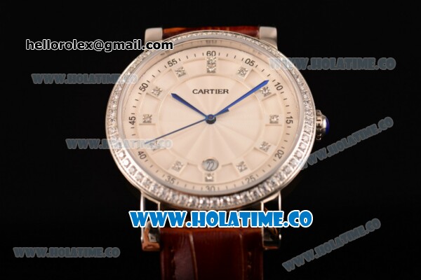 Cartier Rotonde De Miyota Quartz Steel Case with White Dial Diamonds Bezel and Diamonds Markers - Click Image to Close