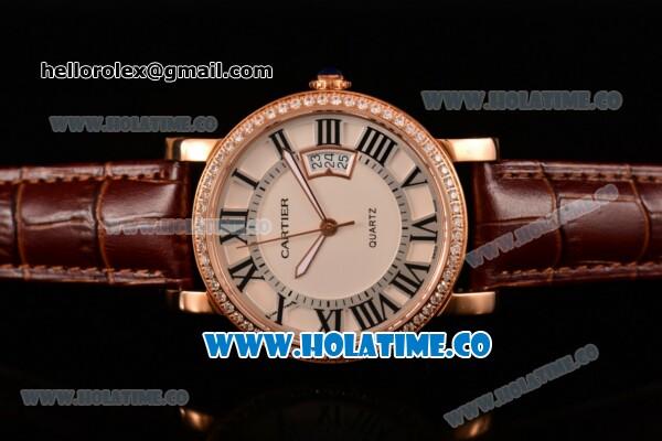 Cartier Rotonde De Miyota Quartz Rose Gold Case with White Dial Diamonds Bezel and Roman Numeral Markers - Click Image to Close