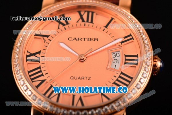 Cartier Rotonde De Miyota Quartz Rose Gold Case with Rose Gold Dial Diamonds Bezel and Black Roman Numeral Markers - Click Image to Close