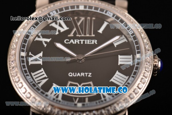 Cartier Rotonde De Miyota Quartz Steel Case with Black Dial Diamonds Bezel and White Roman Numeral Markers - Click Image to Close