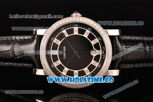 Cartier Rotonde De Miyota Quartz Steel Case with Black Dial Diamonds Bezel and Diamonds Markers - Click Image to Close