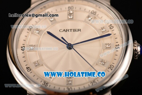 Cartier Rotonde De Miyota Quartz Steel Case with Diamonds Markers White Dial and Black Leather Strap - Click Image to Close
