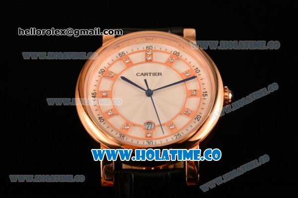 Cartier Rotonde De Miyota Quartz Rose Gold Case with Diamonds Markers White Dial and Black Leather Strap - Click Image to Close