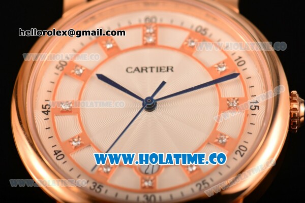 Cartier Rotonde De Miyota Quartz Rose Gold Case with Diamonds Markers White Dial and Black Leather Strap - Click Image to Close