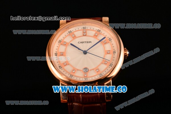 Cartier Rotonde De Miyota Quartz Rose Gold Case with Diamonds Markers White Dial and Brown Leather Strap - Click Image to Close