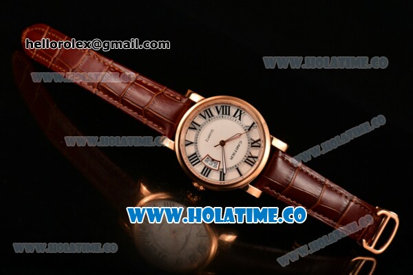 Cartier Rotonde De Miyota Quartz Rose Gold Case with White Dial Roman Numeral Markers and Brown Leather Strap - Click Image to Close