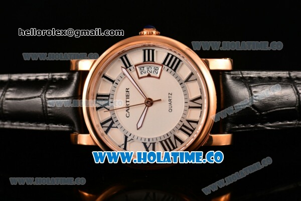 Cartier Rotonde De Miyota Quartz Rose Gold Case with White Dial Roman Numeral Markers and Black Leather Strap - Click Image to Close