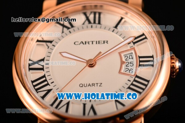 Cartier Rotonde De Miyota Quartz Rose Gold Case with White Dial Roman Numeral Markers and Black Leather Strap - Click Image to Close